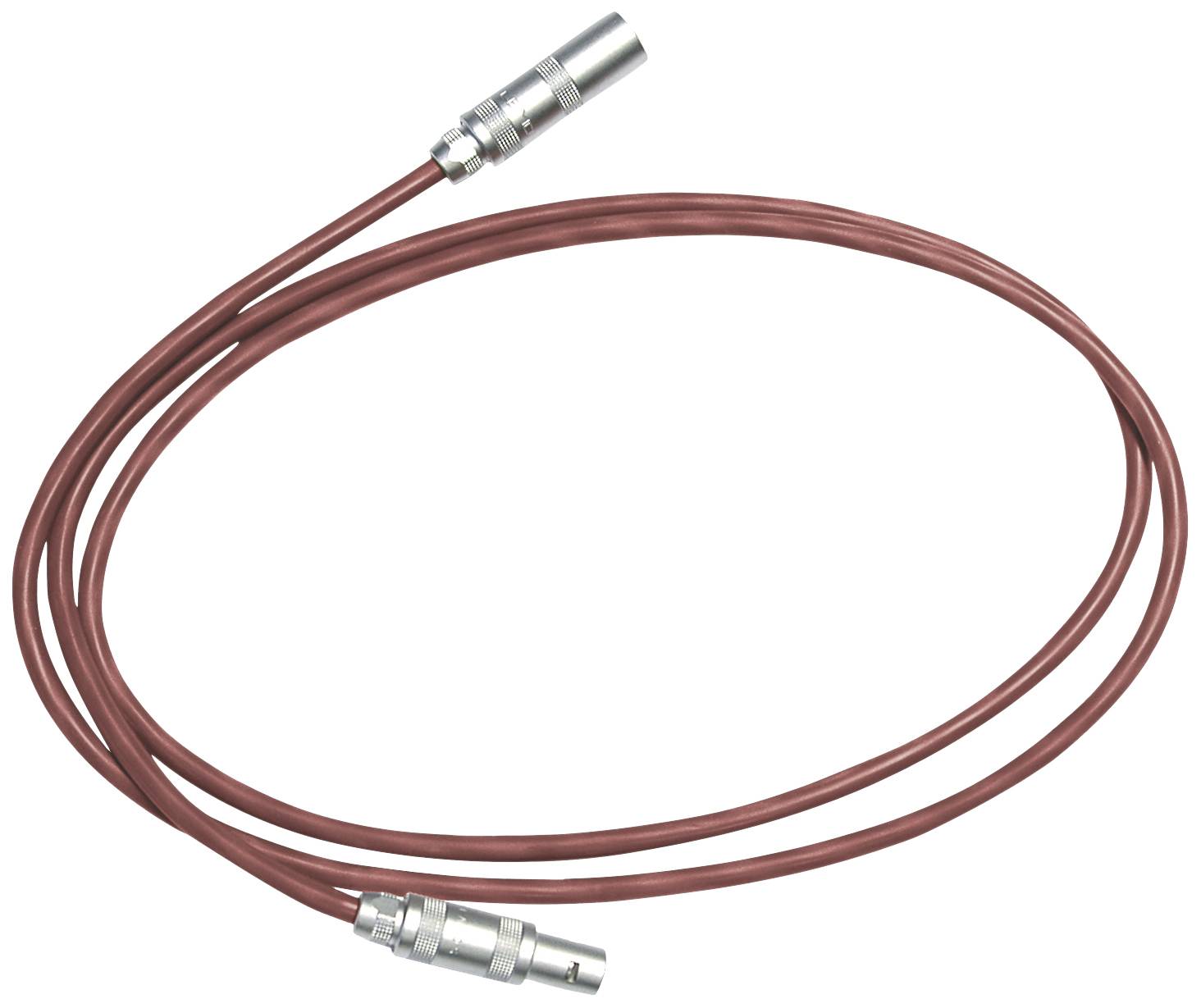 Câble de connexion rouge avec des fiches métalliques aux deux extrémités, représenté sur un fond blanc, dans une forme de boucle fermée.