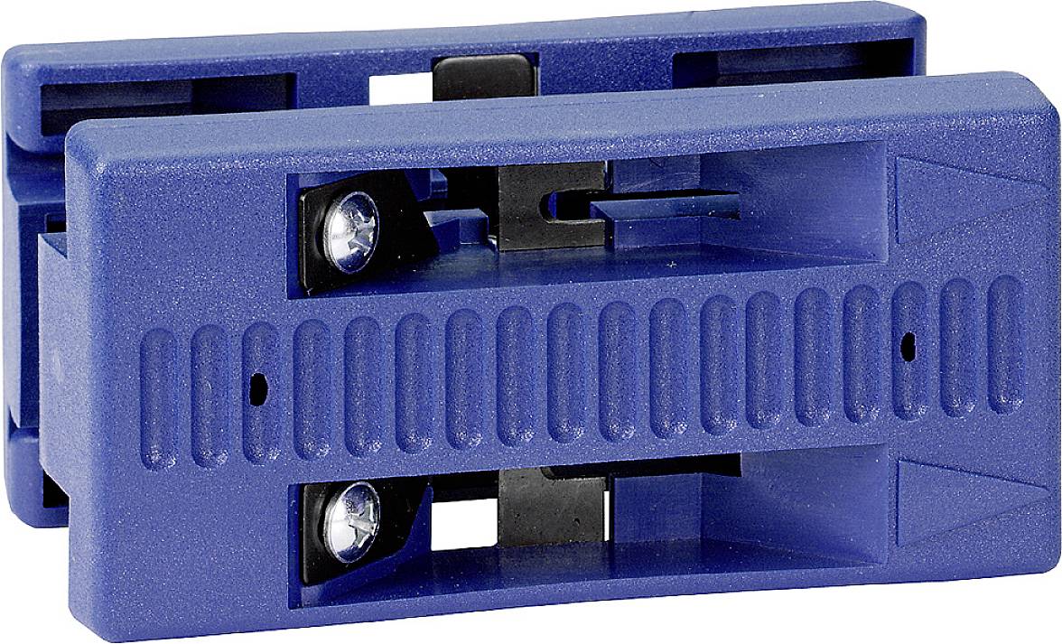 Support de fixation en plastique bleu à surface striée, muni de deux vis. Il est destiné à la fixation ou au maintien d'objets.