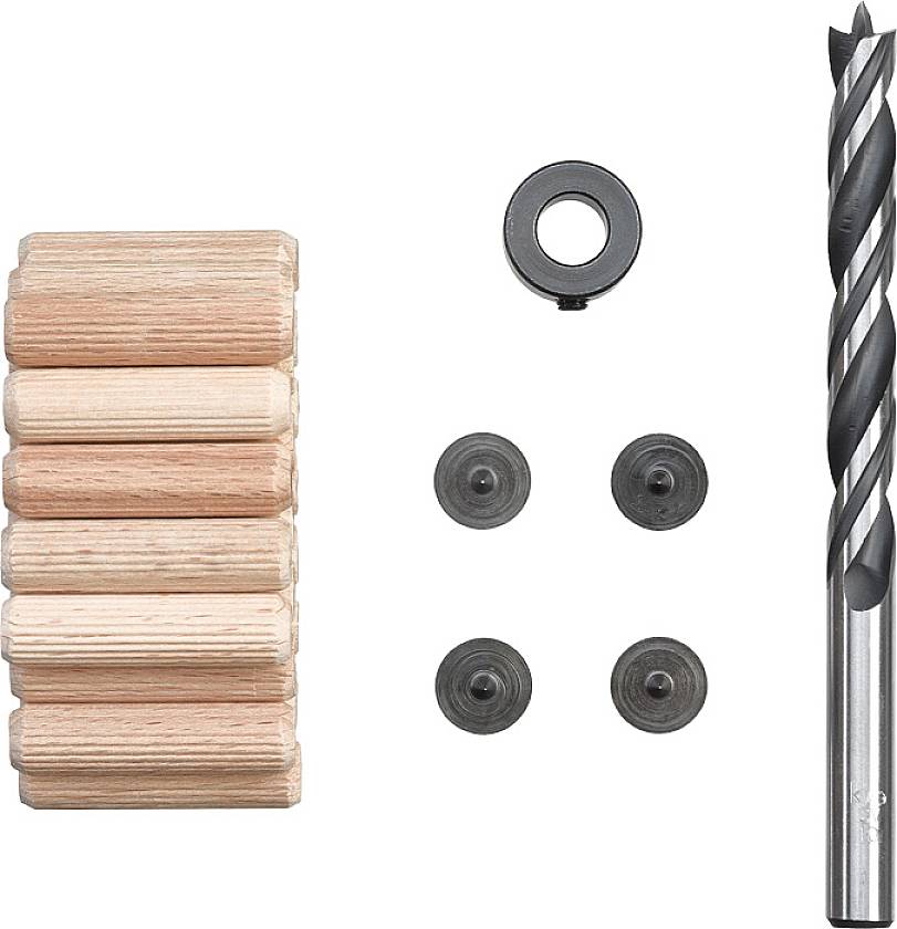 Chevilles en bois, une mèche, des bagues métalliques et des guides circulaires.