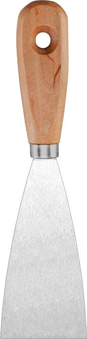 Spatule métallique avec manche en bois et trou de suspension, utilisée pour lisser ou enlever des matériaux.