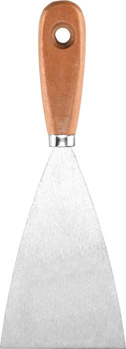 Spatule avec large lame en métal et manche en bois, adaptée pour appliquer ou enlever des matériaux sur des surfaces.