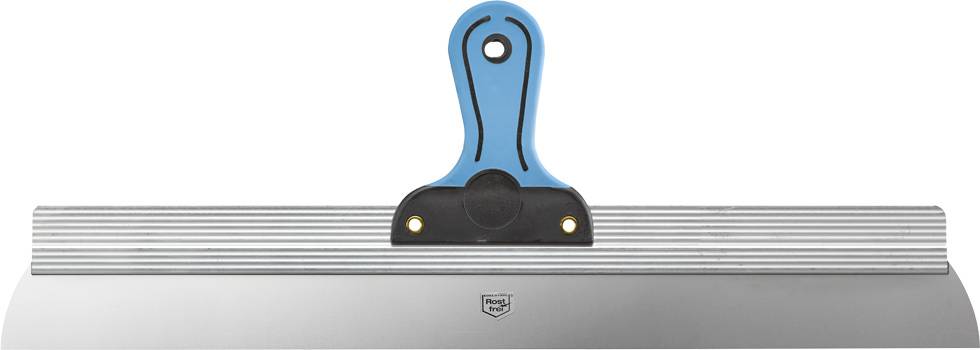 'Taloche avec poignée bleue' au milieu. Lame métallique large en bas, adaptée pour l'application uniforme de matériaux.