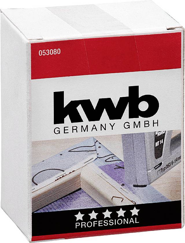 Emballage d'un produit 'kwb Germany GmbH'. L'impression montre un outil électrique et des travaux sur bois, bande rouge en haut, texte 'PROFESSIONAL'.