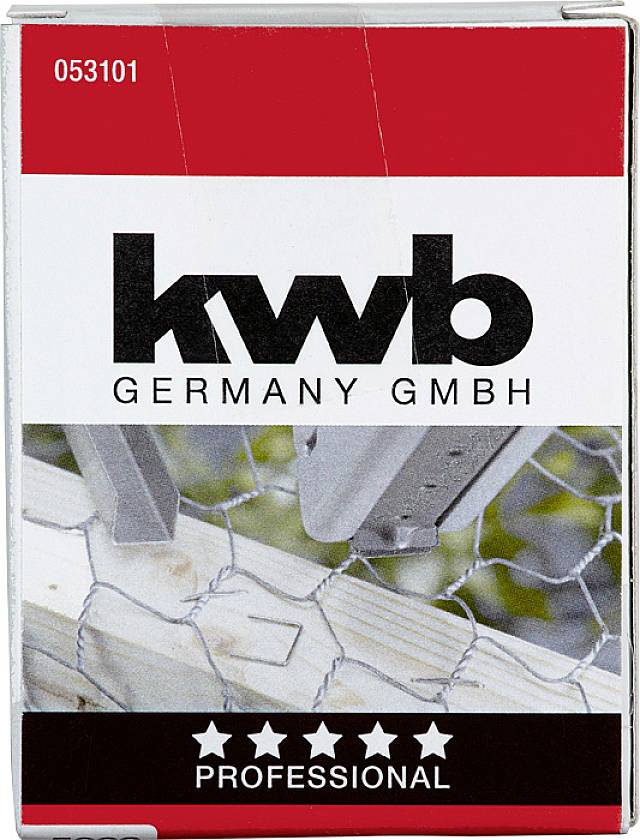 Une emballage de 'KWB Germany GmbH' présente sur l'étiquette une grille métallique et du bois. En bas est inscrit 'Professional' avec cinq étoiles.