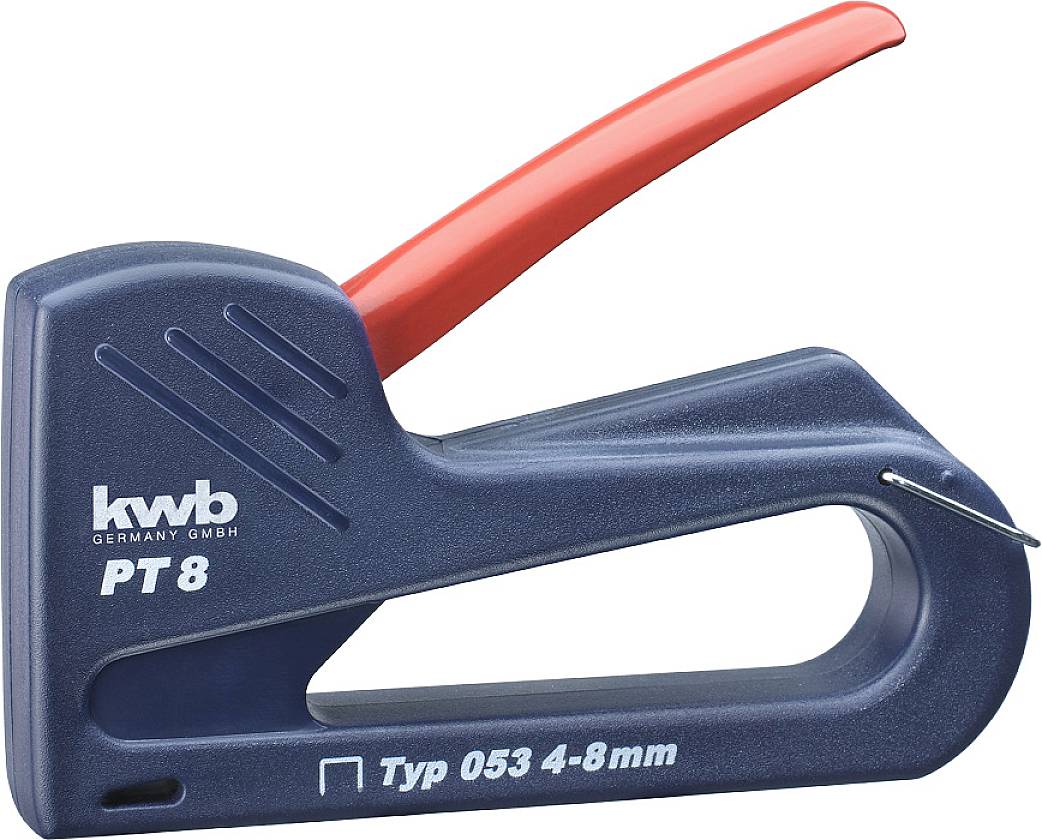 Agrafeuse manuelle en bleu foncé avec poignée rouge et texte blanc 'kwb PT 8'. Adaptée pour les agrafes de type 053, taille 4-8 mm.