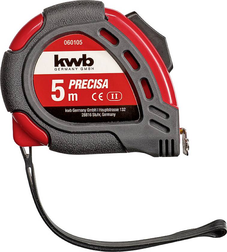 Un ruban à mesurer rouge avec un boîtier noir porte l'inscription « kwb Germany GmbH, 5 m, Precisa ».