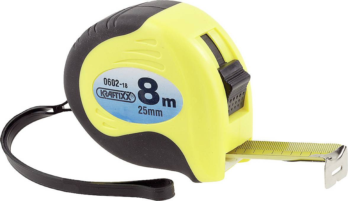 Ruban à mesurer jaune d'une longueur de 8 mètres et d'une largeur de 25 millimètres. Le nom de la marque et le numéro de modèle sont visibles.