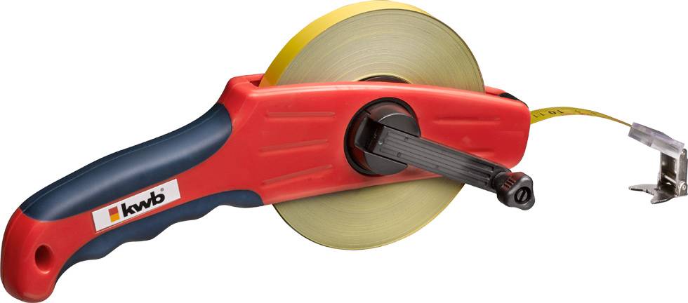 Un ruban à mesurer rouge avec une poignée à manivelle et un ruban jaune. Le ruban est déroulé et montre un marquage, le boîtier porte un logo d'entreprise.