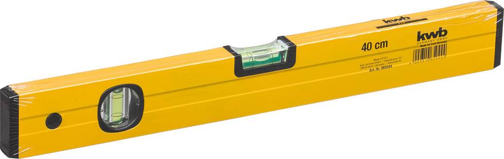 Niveau à bulle jaune avec deux fioles, environ 40 cm de long.