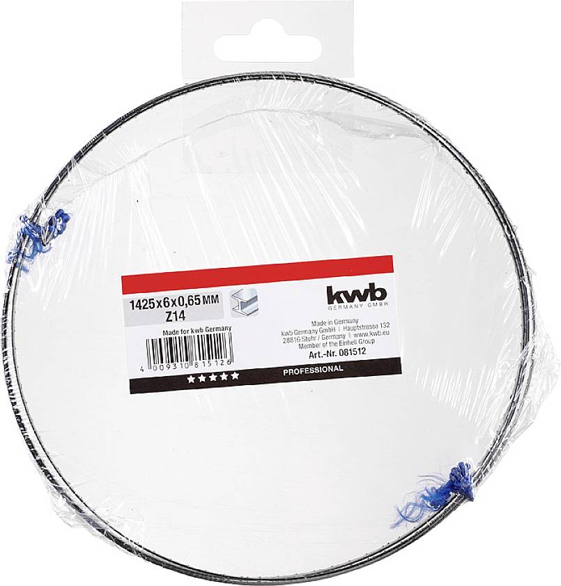Disque métallique rond, emballé dans un film plastique. L'étiquette indique : '1425x6x0,65 MM Z14', marque 'kwb', référence article 86152.