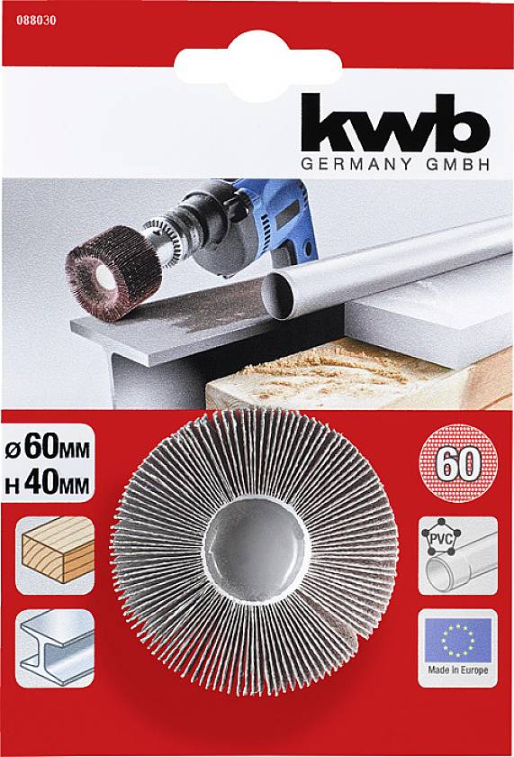 Brosse métallique Kwb Allemagne, Ø60mm H40mm, adaptée aux tuyaux PVC et métalliques. Fabriqué en Europe. Présenté avec une machine de meulage.
