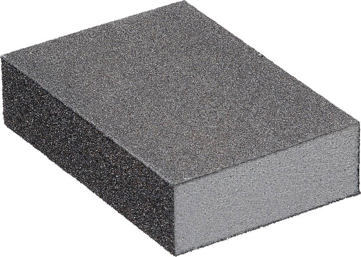 Une éponge abrasive rectangulaire à grain fin, adaptée pour le traitement des surfaces.