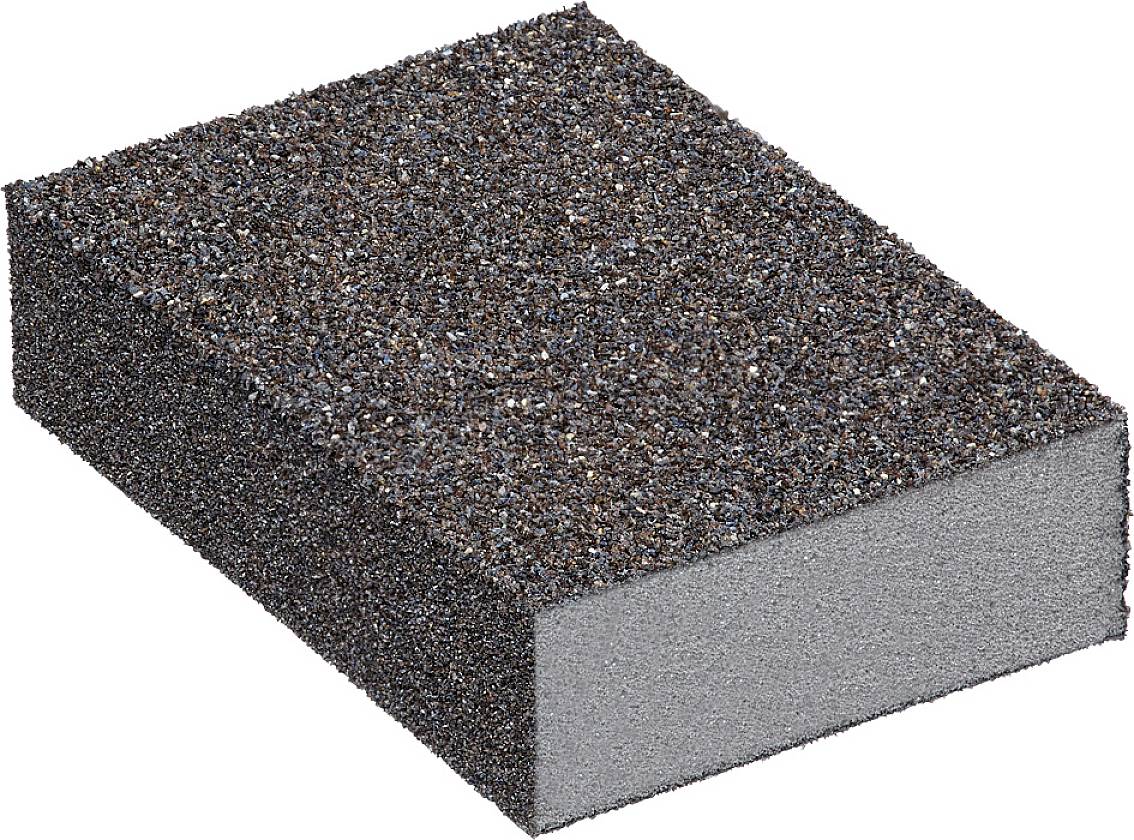 Un bloc de ponçage rectangulaire à surface rugueuse et granuleuse, de couleur grise ; utilisé pour poncer et lisser des surfaces.