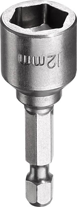 Embout de clé en métal gravé '12 mm' sur le côté, doté d'une tige hexagonale pour outils de vissage.