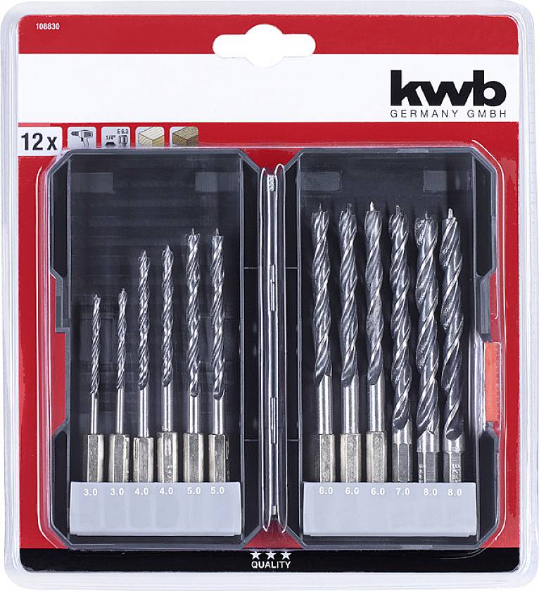 kwb 108830 Jeu de forets pour le bois 12 pièces 3 mm, 4 mm, 5 mm, 6 mm, 7 mm, 8 mm mandrin à serrage rapide, mandrin à rou