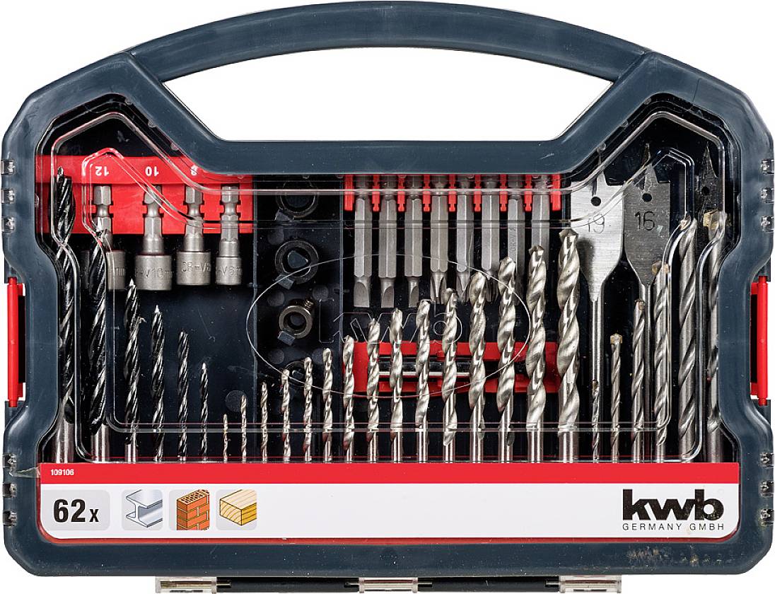 Coffret de forets en plastique, 62 pièces, contenant divers forets hélicoïdaux et plats. Logo de marque 'kwb Germany GmbH' imprimé en bas à droite.