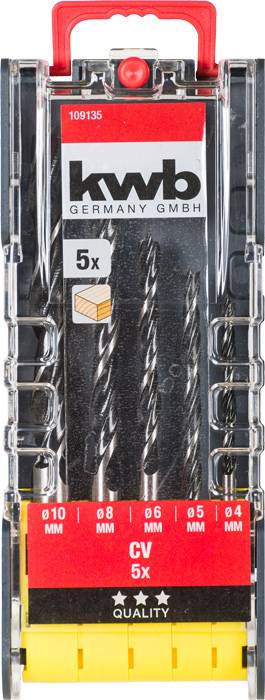 Coffret de forets de KWB, 5 pièces, avec des diamètres de 4 à 10 mm. L'emballage présente le logo et la notation par étoiles pour la qualité.