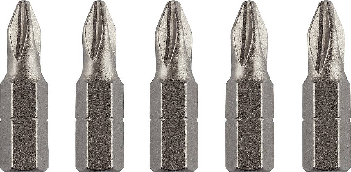 Cinq embouts de tournevis cruciforme identiques en métal, disposés côte à côte, chacun avec une tige hexagonale.