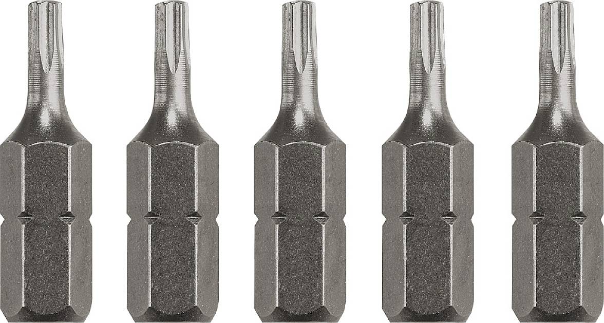Cinq embouts de tournevis identiques alignés en rangée, métalliques et brillants, adaptés aux vis à tête Torx.