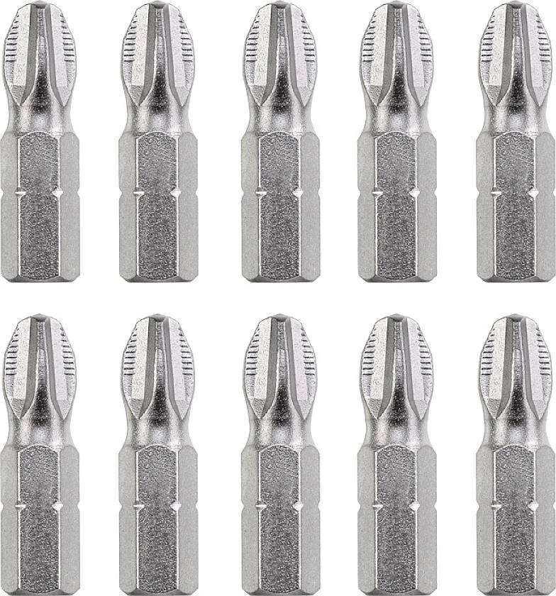 Dix embouts de tournevis en argent, disposés uniformément en deux rangées.