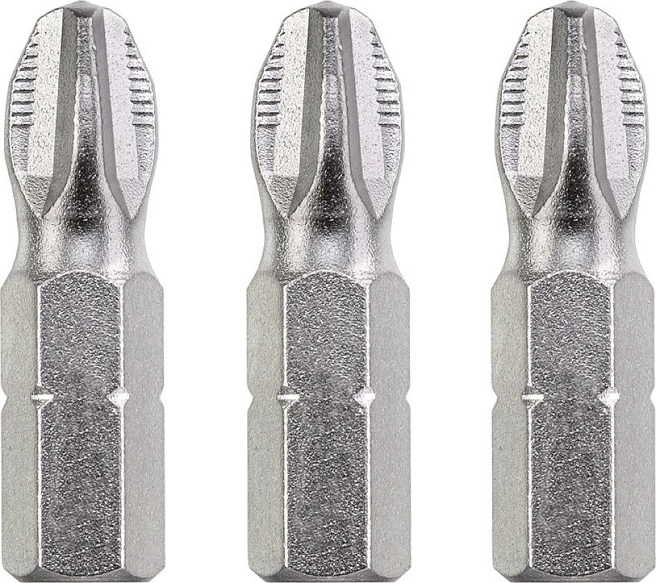 Trois embouts de tournevis à tête cruciforme en argent, disposés côte à côte en ligne très rapprochée.