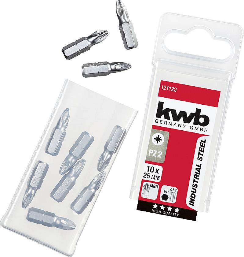 Emballage d'embouts de vissage de la marque 'kwb Germany GmbH', modèle 'P2', 10 pièces de 25 mm, en acier industriel.