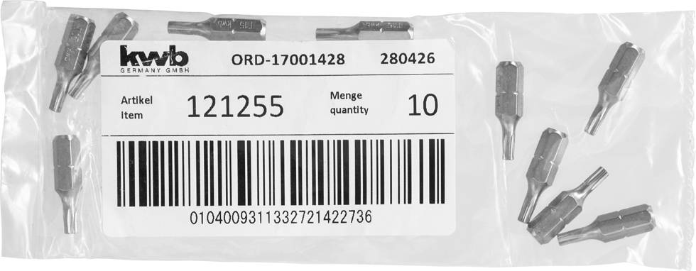 Sachet contenant plusieurs embouts de tournevis, étiquette indiquant la référence 121255, quantité 10, marque kvd.