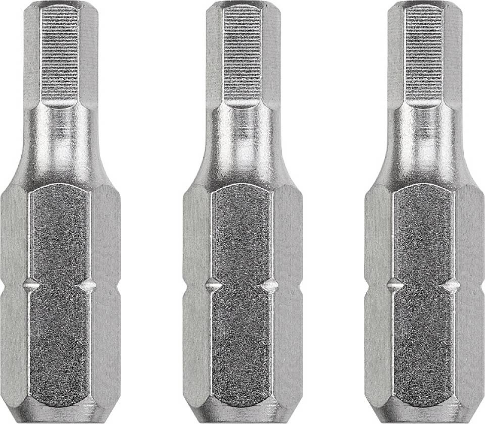 Trois embouts métalliques identiques côte à côte, chacun avec une tige hexagonale et un insert strié, sur un fond blanc.