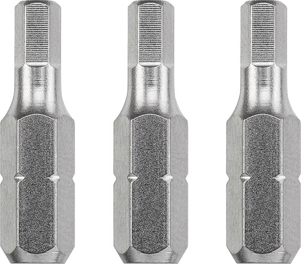 Trois embouts de tournevis hexagonaux en argent identiques, disposés verticalement côte à côte, montrent leurs pointes cannelées.