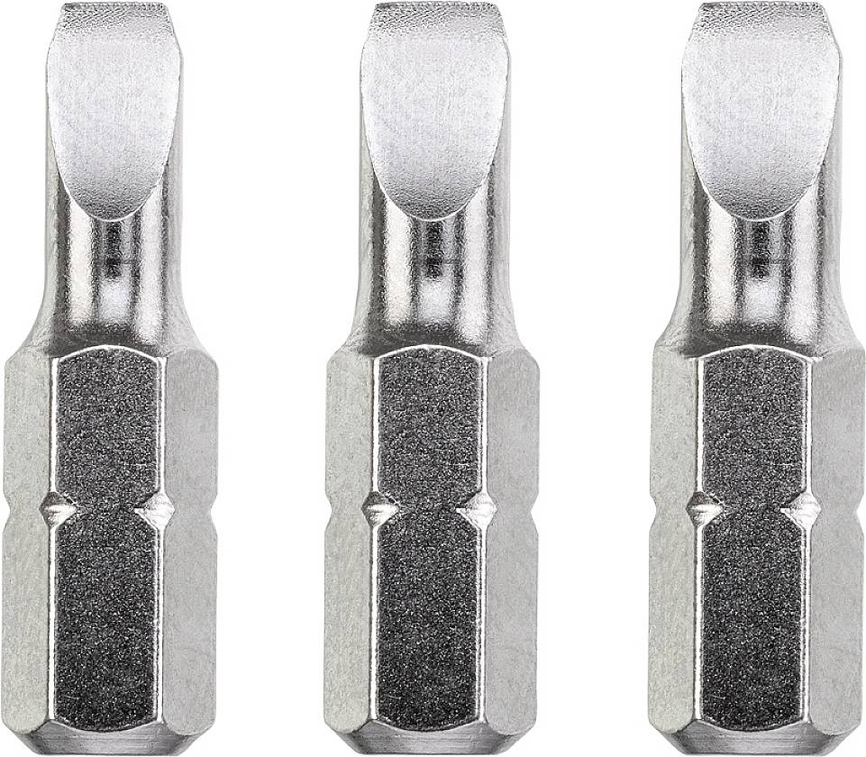 Trois embouts de tournevis en argent alignés en rang, avec des têtes plates et des poignées striées, révèlent leur surface métallique.