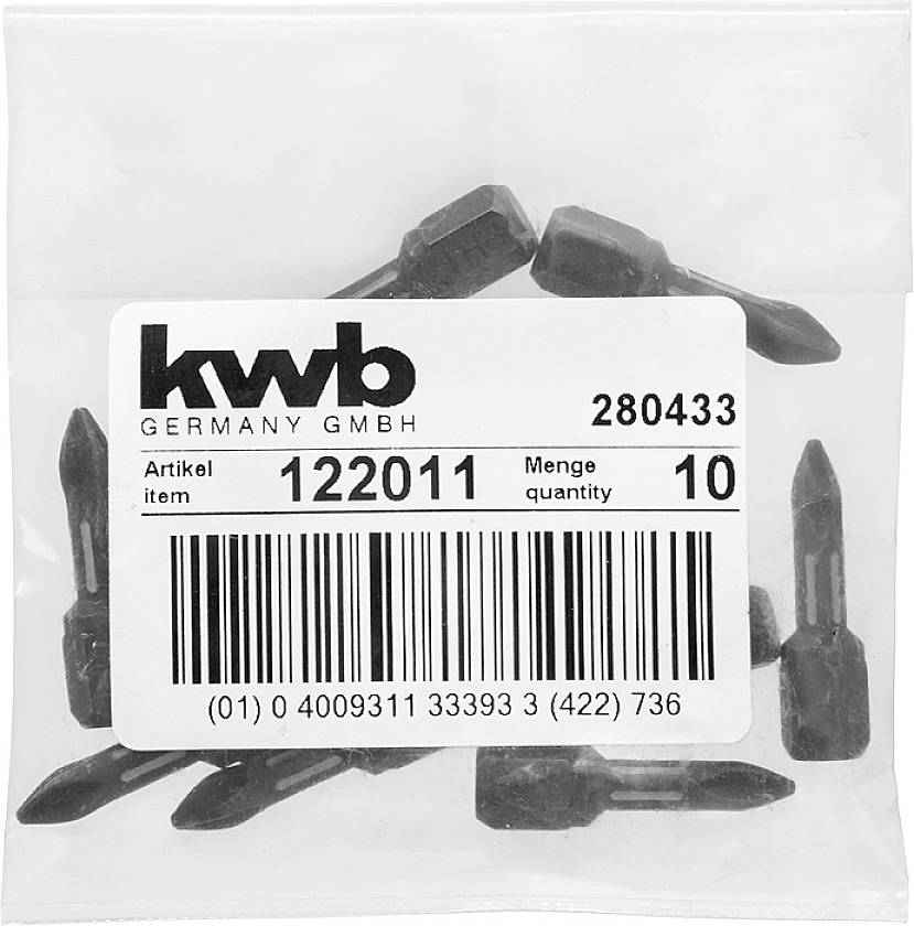 Un sachet en plastique contenant dix embouts de tournevis noirs, étiquetés 'kwb Germany GmbH', numéro d'article '122011'.