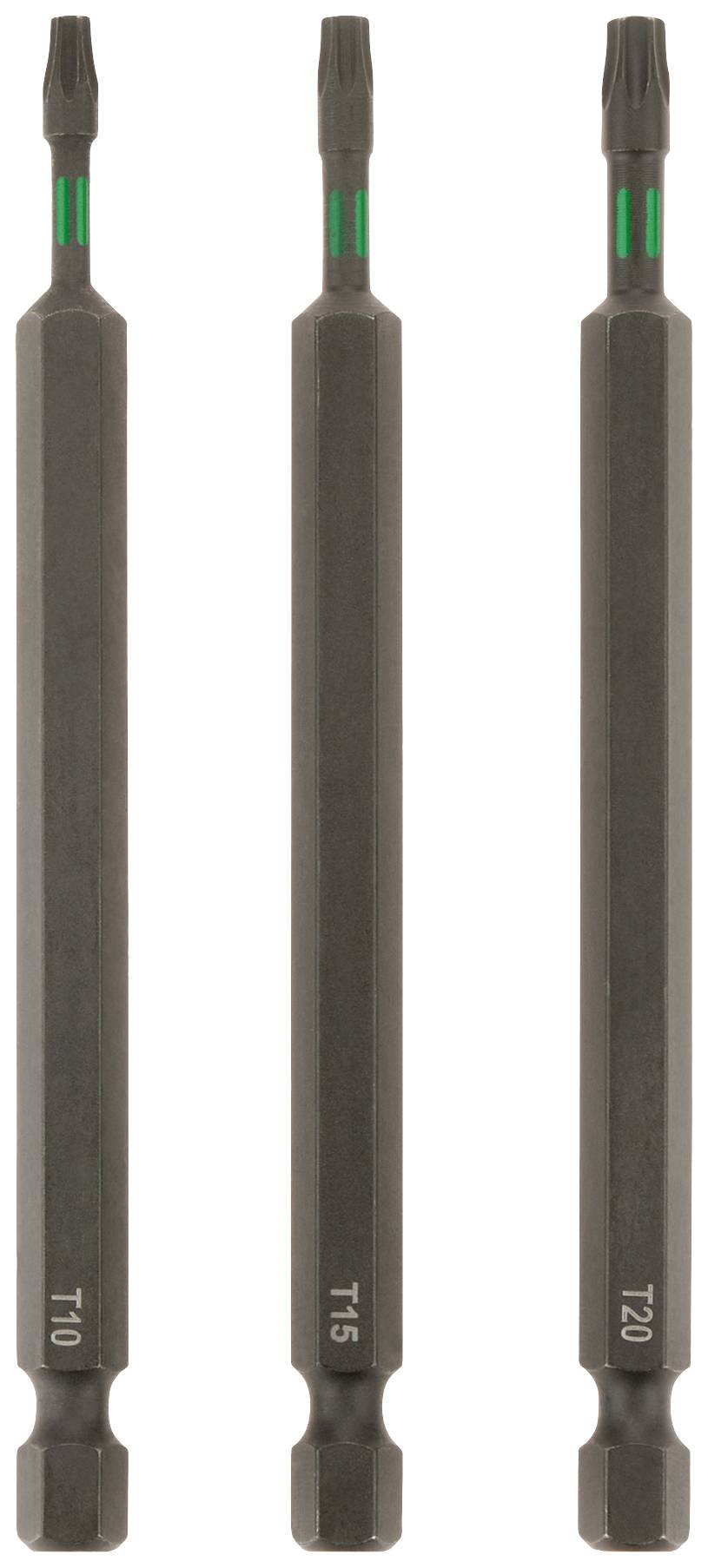 Trois embouts de tournevis noirs avec des marquages verts, étiquetés : T10, T15, T20, pour vis Torx.