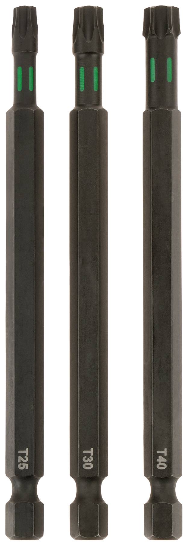 Trois embouts hexagonaux noirs de différentes tailles. Chaque embout présente des marquages verts et des inscriptions T25, 70L, 90L.