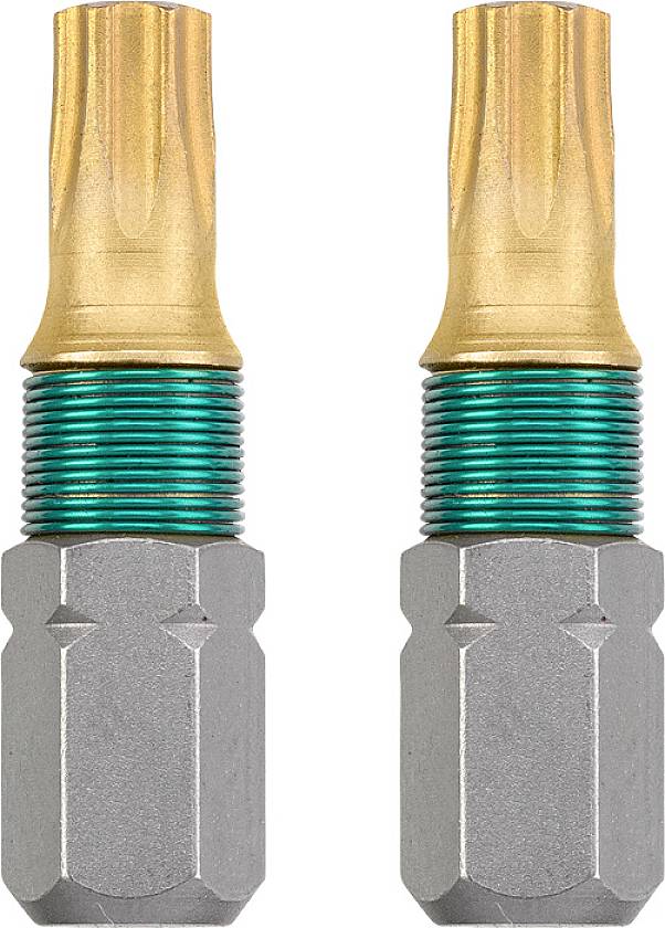 Deux bornes de connexion dorées et vertes avec base en argent pour connexions électriques.