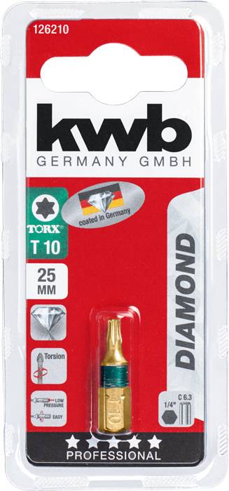 Emballage d'un embout KWB TORX T10, 25 mm, revêtu de diamant, pour applications professionnelles. Contient le symbole de couple et le drapeau allemand.
