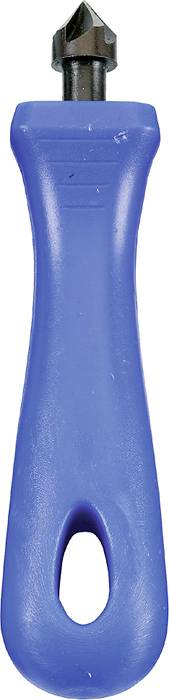 Poignée en plastique bleu ergonomique avec un petit embout métallique noir, adaptée pour l'ébavurage.