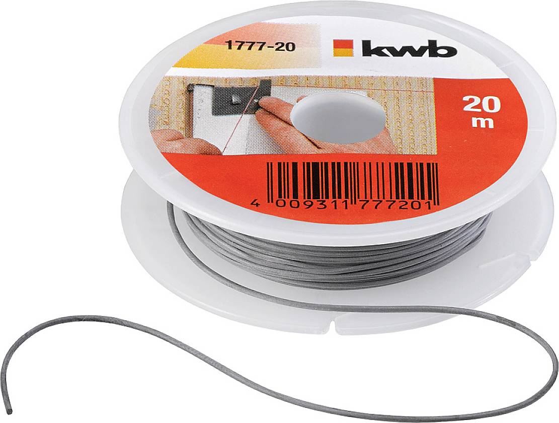 Fil à gaine grise sur un rouleau en plastique avec étiquette 'kwb 1777-20' et indication de longueur '20 m', adapté à diverses applications.