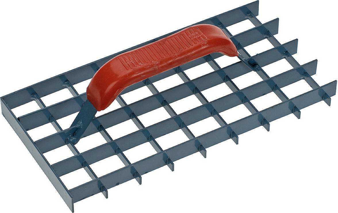 Une râpe à enduire bleue avec une poignée rouge, utilisée pour travailler le plâtre ou le mortier.