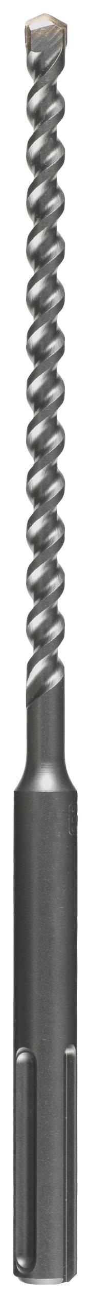 Un foret à béton gris avec une pointe acérée, sur un fond blanc. Le foret est conçu pour le béton et présente un design de tige cylindrique.