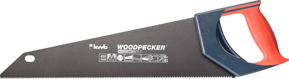 Scie à main de marque 'KWB Woodpecker' avec poignée rouge et lame noire, longueur 450 mm, pour travaux sur bois.