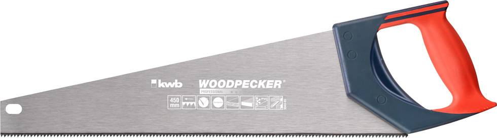 Scie à main 'Woodpecker' avec poignée rouge et lame argentée, adaptée aux travaux sur bois. La longueur et l'espacement des dents sont indiqués.
