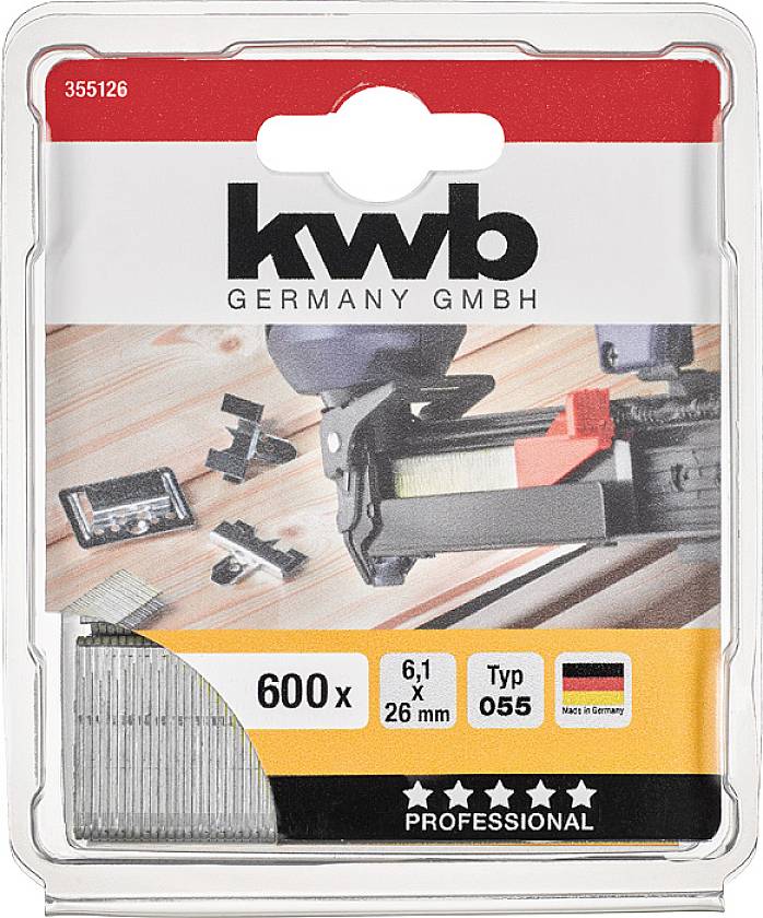 'KWB Germany GmbH' 600 clous, 6,1 x 26 mm, Type 055, adaptés à un usage professionnel. L'emballage présente une image de cloueuse.