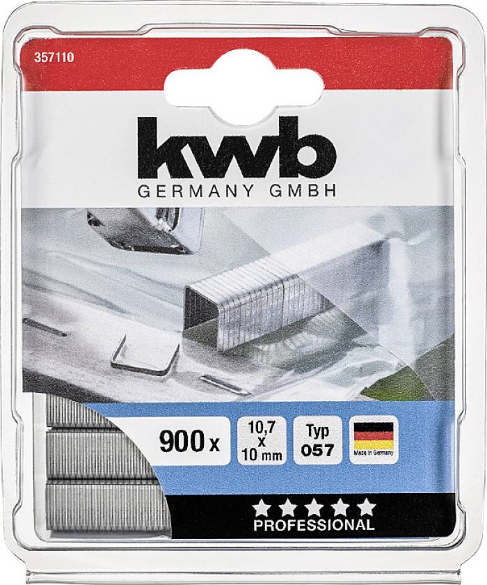 Boîte de 900 agrafes, taille 10,7 x 10 mm, type 057, marque 'kwb Germany GmbH', Fabriqué en Allemagne, usage professionnel.