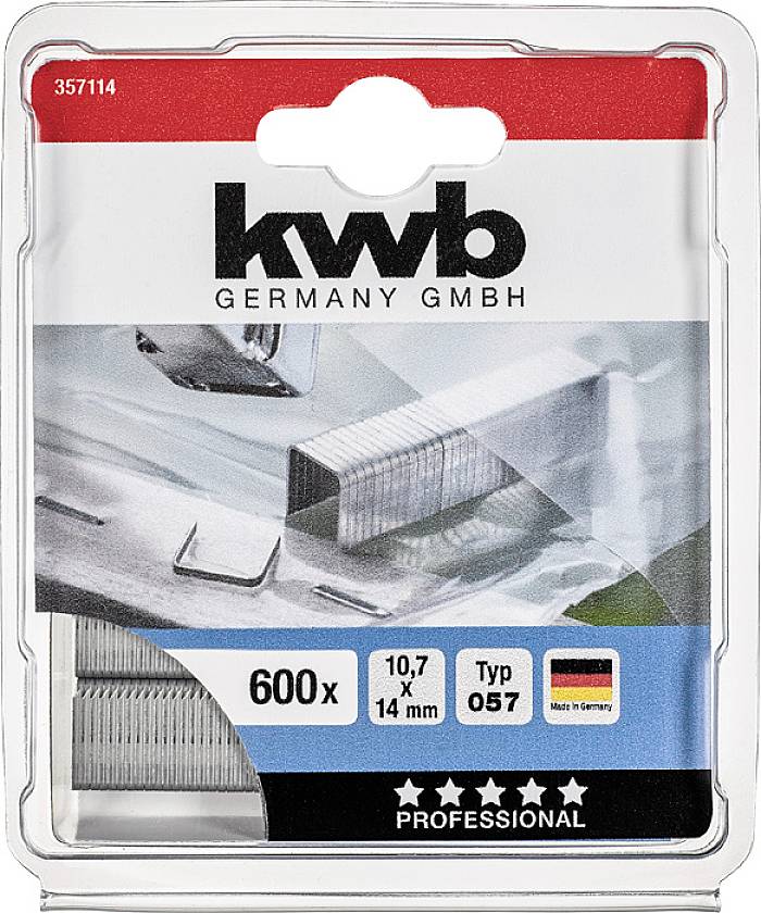 Boîte de 600 agrafes (10,7 x 14 mm, type 057) de la marque kwb Germany GmbH. Fabriqué en Allemagne.