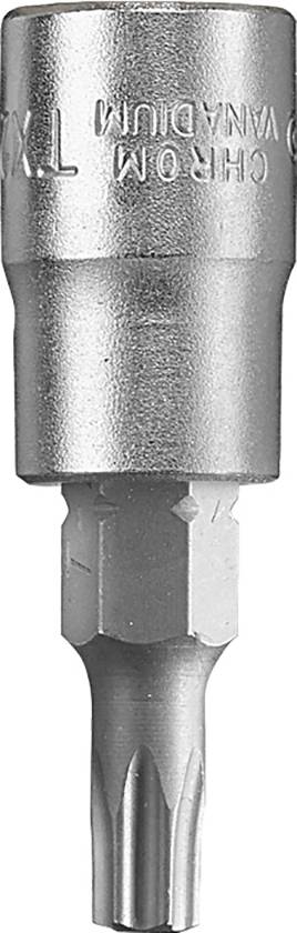 Douille à embout Torx, taille T25, en métal argenté. Outil utilisé pour le montage ou le démontage de vis à profil Torx intérieur.