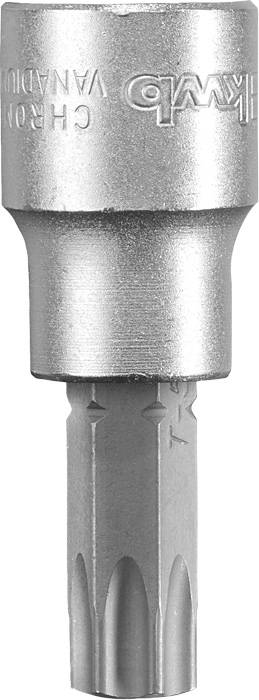 Embout de vis métallique à entraînement hexagonal et pointe dentelée, utilisé pour serrer ou desserrer des vis à têtes spéciales.