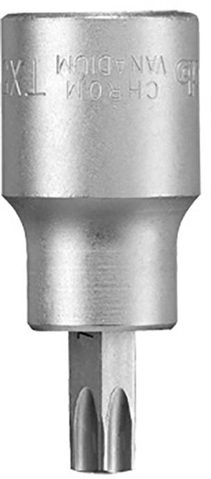 Embout métallique à douille hexalobée, de forme Torx, avec poignée striée pour fixation sur un outil.