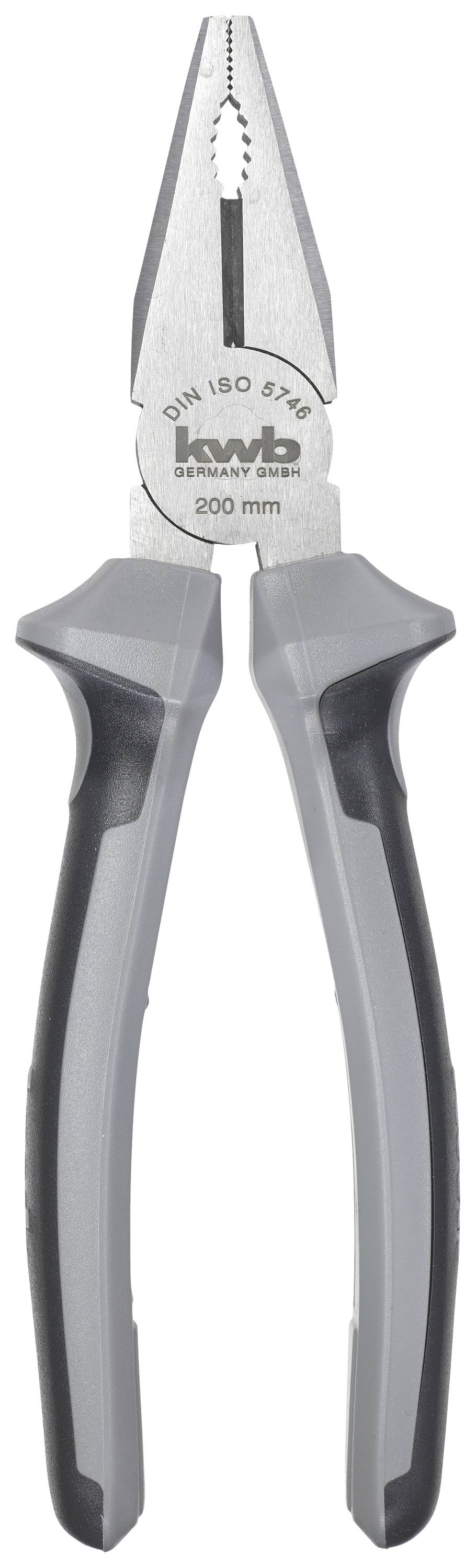 Pince avec des poignées en métal gris et noir. Étiquette sur la partie métallique : « DIN ISO 5746, 200 mm ». Outil pour des tâches de coupe et de manipulation.