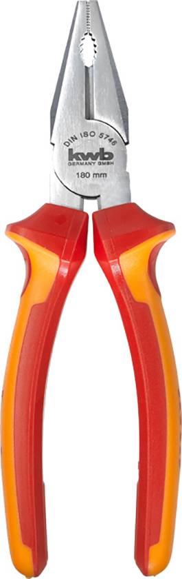 Pince plate avec poignée rouge et orange. Pointes métalliques adaptées pour saisir de petits objets. Logo de marque sur la tête de l'outil.