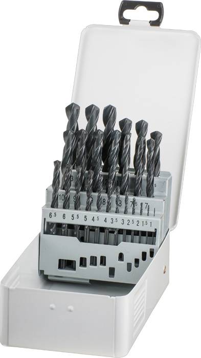 Un ensemble de forets en métal dans un coffret ouvert blanc, triés par taille de 1 mm à 10 mm, avec des numérotations sur chaque compartiment.